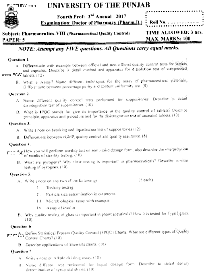 Doctor of Pharmacy Pharmaceutics 8 Pharmaceutical Quality Control Past Paper 2017 Punjab University Subjective
