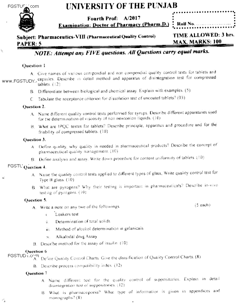 Doctor of Pharmacy Pharmaceutics 8 Pharmaceutical Quality Control Past Paper 2017 Punjab University Subjective