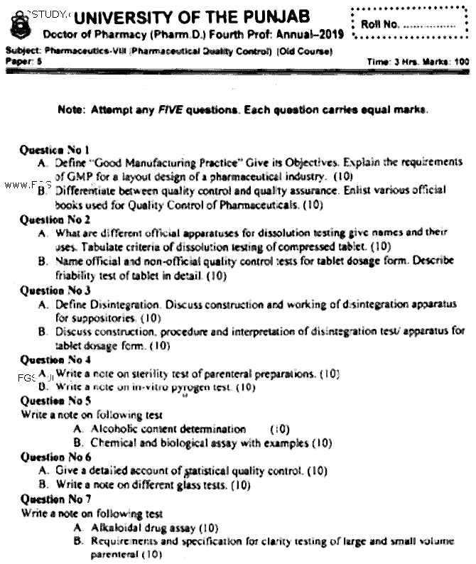 Doctor of Pharmacy Pharmaceutics 8 Pharmaceutical Quality Control Past Paper 2019 Punjab University Subjective