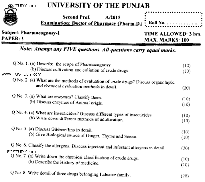 Doctor of Pharmacy Pharmacognosy 1 Past Paper 2015 Punjab University Subjective