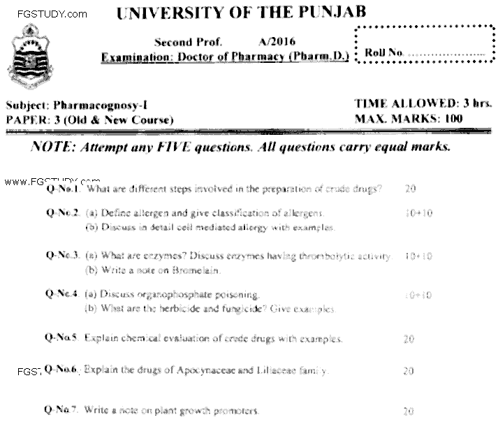 Doctor of Pharmacy Pharmacognosy 1 Past Paper 2016 Punjab University Subjective