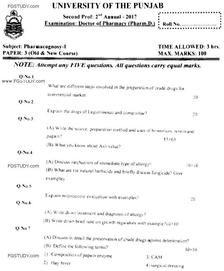 Doctor of Pharmacy Pharmacognosy 1 Past Paper 2017 Punjab University Subjective
