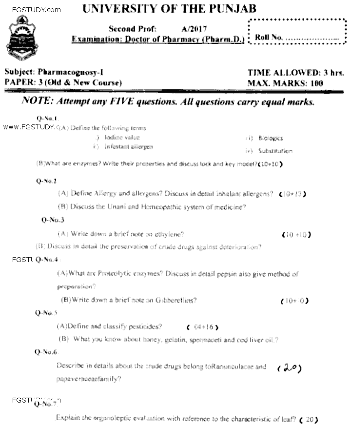 Doctor of Pharmacy Pharmacognosy 1 Past Paper 2017 Punjab University Subjective