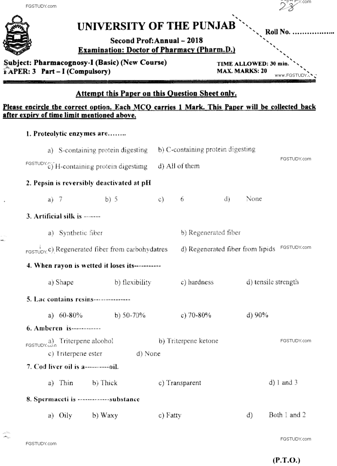Doctor of Pharmacy Pharmacognosy 1 Past Paper 2018 Punjab University Objective