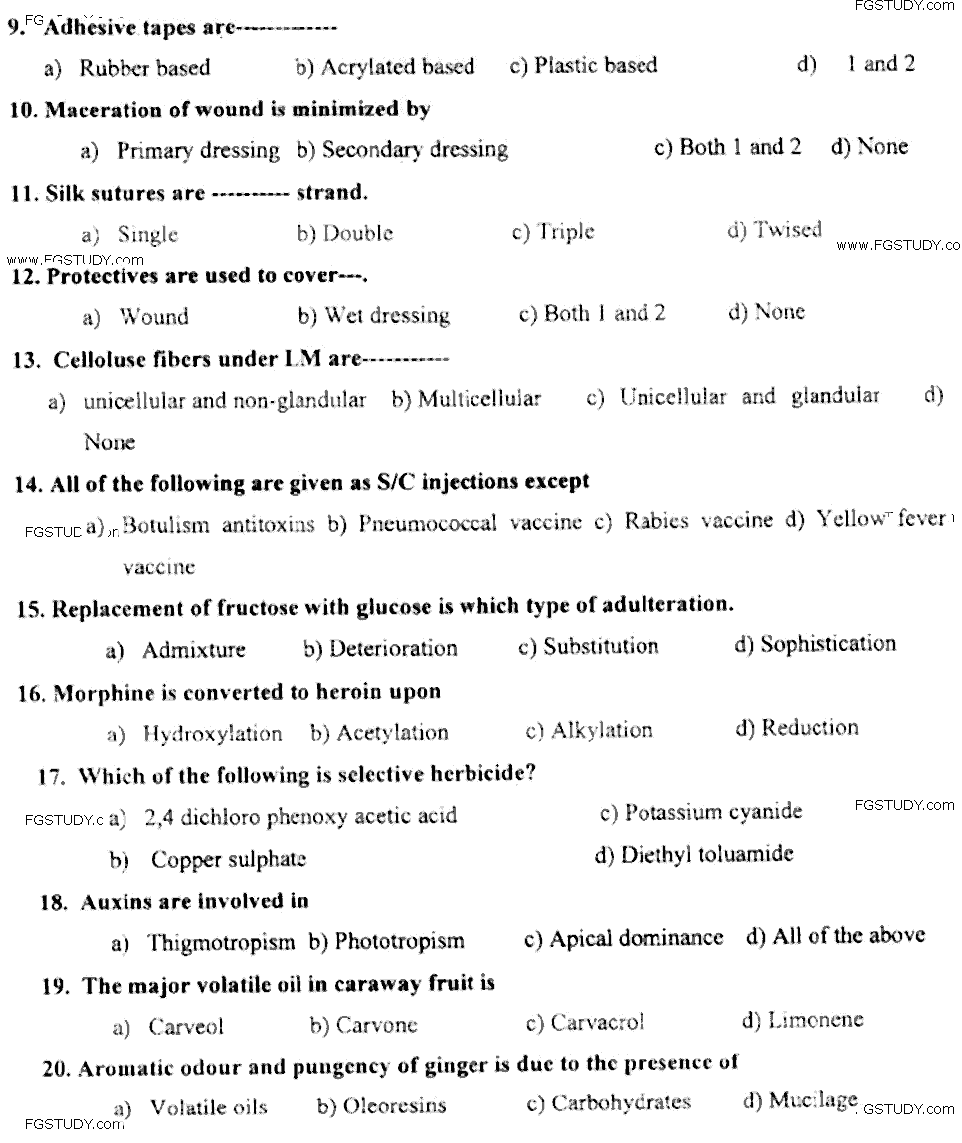 Doctor of Pharmacy Pharmacognosy 1 Past Paper 2018 Punjab University Objective