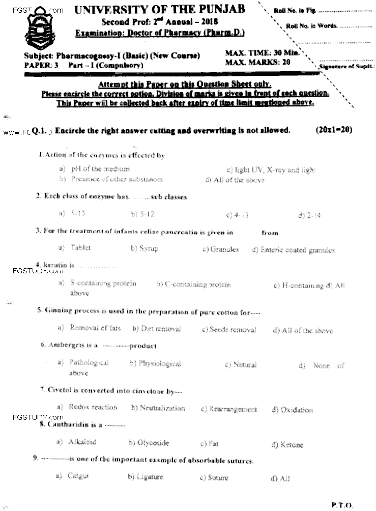 Doctor of Pharmacy Pharmacognosy 1 Past Paper 2018 Punjab University Objective