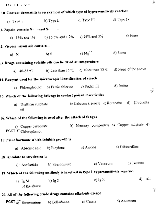 Doctor of Pharmacy Pharmacognosy 1 Past Paper 2018 Punjab University Objective