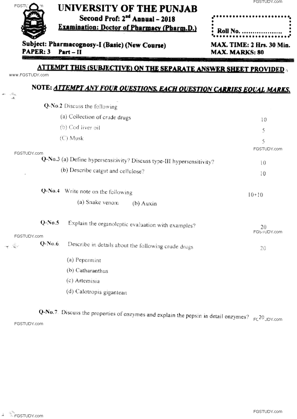 Doctor of Pharmacy Pharmacognosy 1 Past Paper 2018 Punjab University Subjective