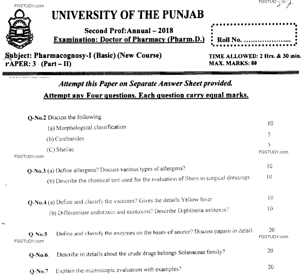 Doctor of Pharmacy Pharmacognosy 1 Past Paper 2018 Punjab University Subjective