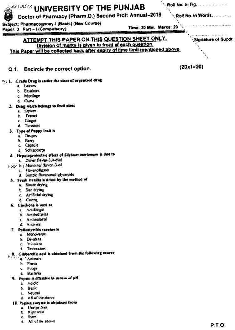 Doctor of Pharmacy Pharmacognosy 1 Past Paper 2019 Punjab University Objective
