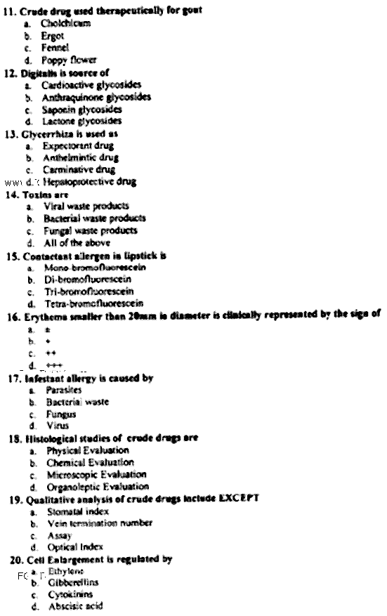 Doctor of Pharmacy Pharmacognosy 1 Past Paper 2019 Punjab University Objective