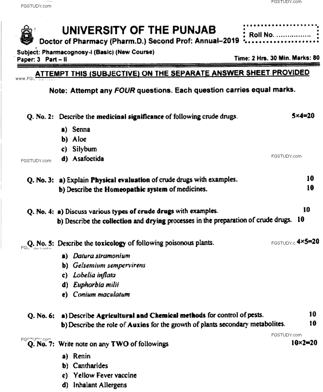 Doctor of Pharmacy Pharmacognosy 1 Past Paper 2019 Punjab University Subjective