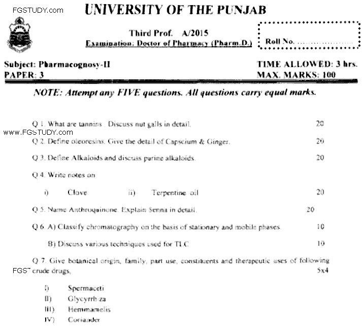 Doctor of Pharmacy Pharmacognosy 2 Past Paper 2015 Punjab University Subjective