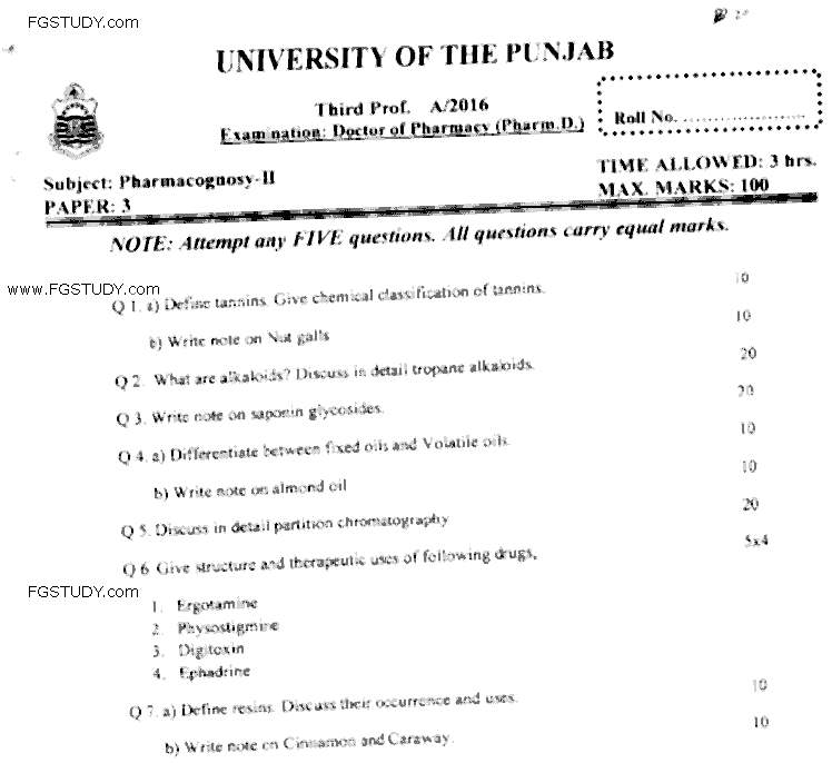 Doctor of Pharmacy Pharmacognosy 2 Past Paper 2016 Punjab University Subjective