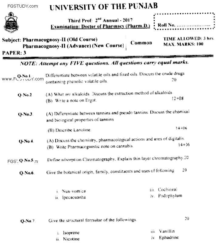 Doctor of Pharmacy Pharmacognosy 2 Past Paper 2017 Punjab University Subjective