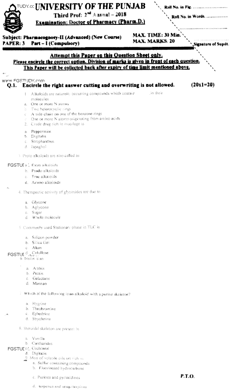 Doctor of Pharmacy Pharmacognosy 2 Past Paper 2018 Punjab University Objective