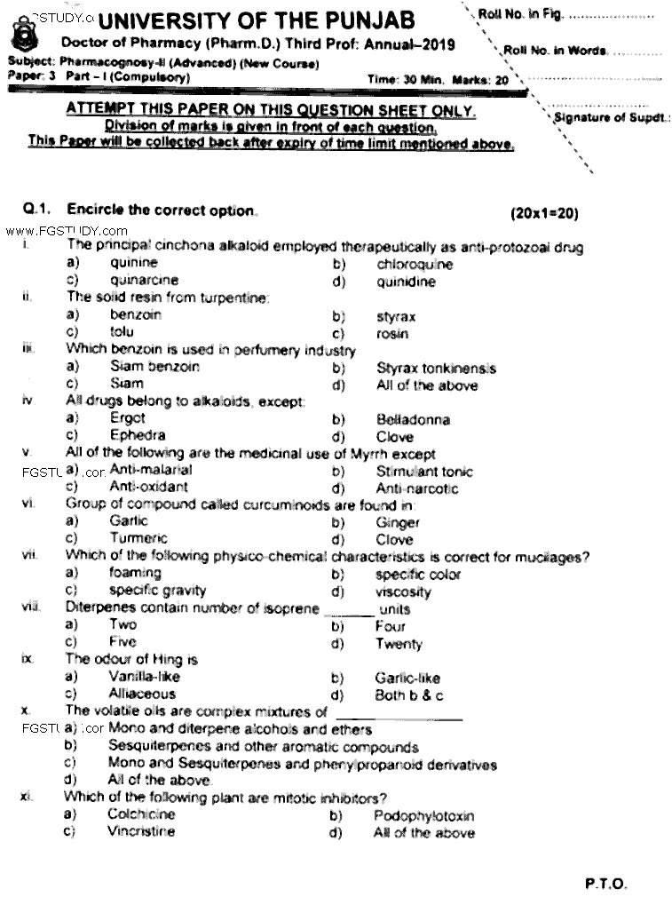 Doctor of Pharmacy Pharmacognosy 2 Past Paper 2019 Punjab University Objective