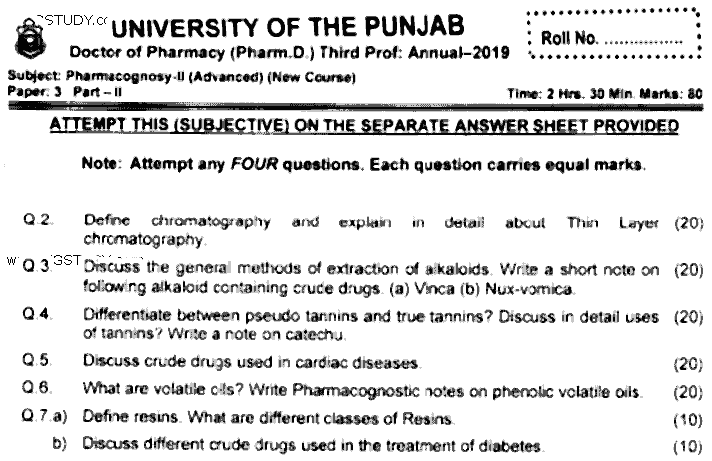 Doctor of Pharmacy Pharmacognosy 2 Past Paper 2019 Punjab University Subjective