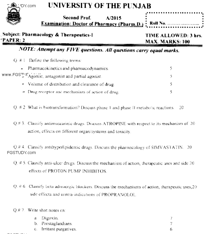 Doctor of Pharmacy Pharmacology And Therapeutics 1 Past Paper 2015 Punjab University Subjective