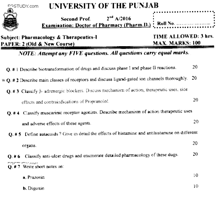Doctor of Pharmacy Pharmacology And Therapeutics 1 Past Paper 2016 Punjab University Subjective