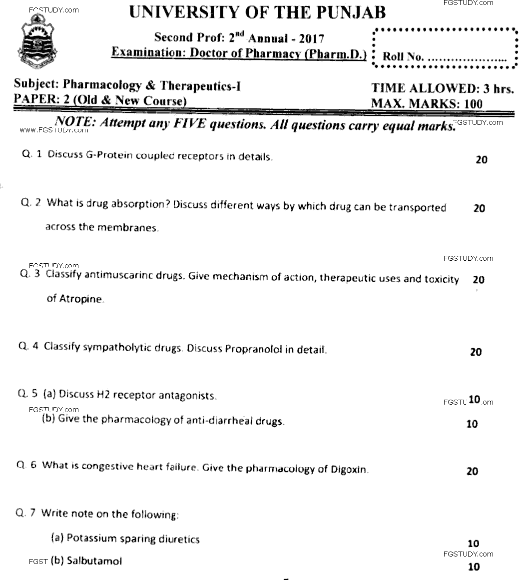 Doctor of Pharmacy Pharmacology And Therapeutics 1 Past Paper 2017 Punjab University Subjective
