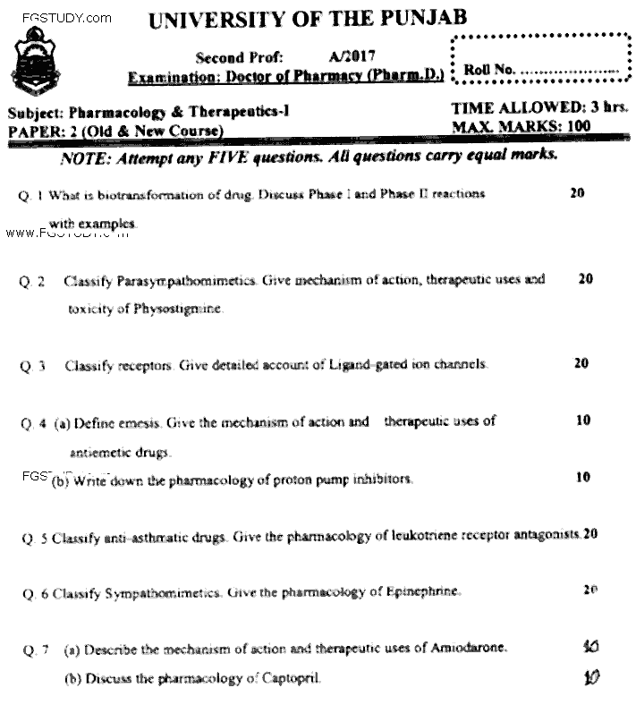 Doctor of Pharmacy Pharmacology And Therapeutics 1 Past Paper 2017 Punjab University Subjective