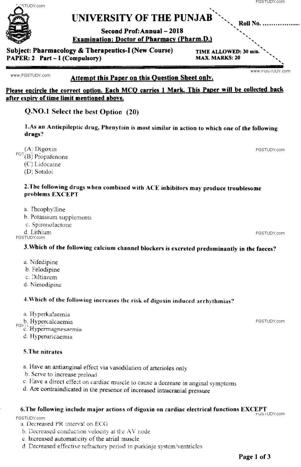 Doctor of Pharmacy Pharmacology And Therapeutics 1 Past Paper 2018 Punjab University Objective