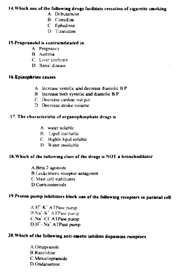 Doctor of Pharmacy Pharmacology And Therapeutics 1 Past Paper 2018 Punjab University Objective
