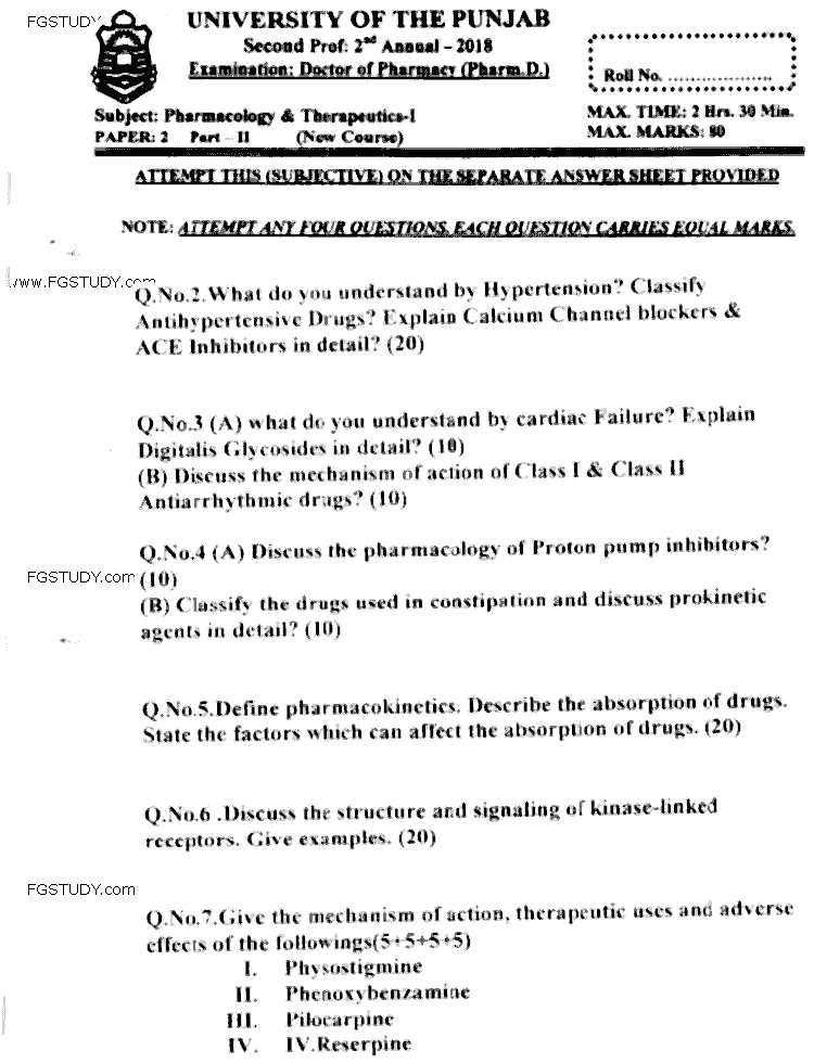 Doctor of Pharmacy Pharmacology And Therapeutics 1 Past Paper 2018 Punjab University Subjective