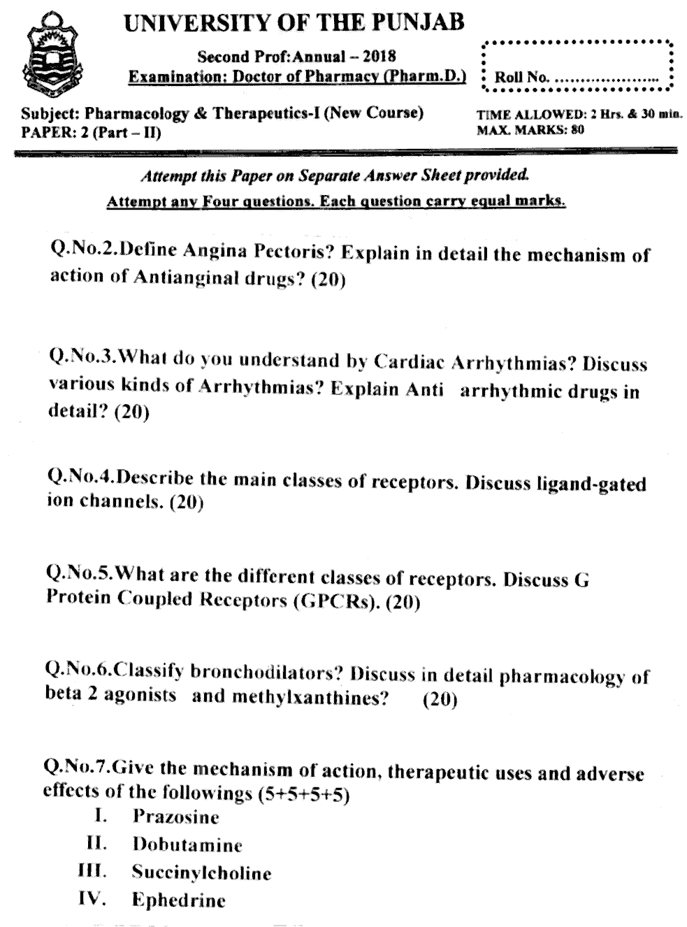 Doctor of Pharmacy Pharmacology And Therapeutics 1 Past Paper 2018 Punjab University Subjective