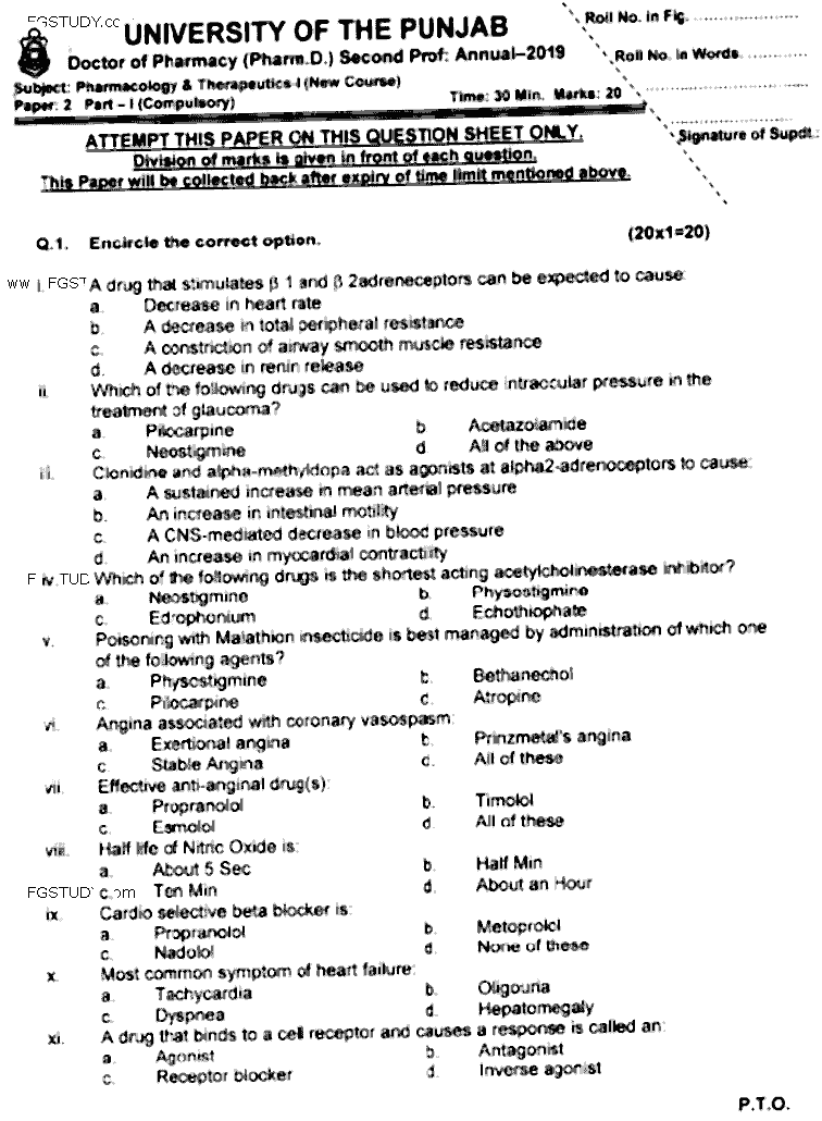 Doctor of Pharmacy Pharmacology And Therapeutics 1 Past Paper 2019 Punjab University Objective