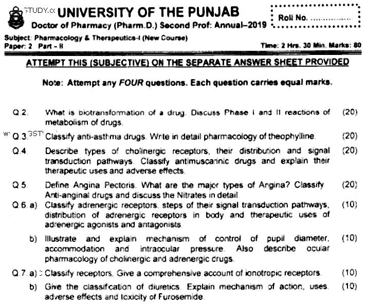 Doctor of Pharmacy Pharmacology And Therapeutics 1 Past Paper 2019 Punjab University Subjective