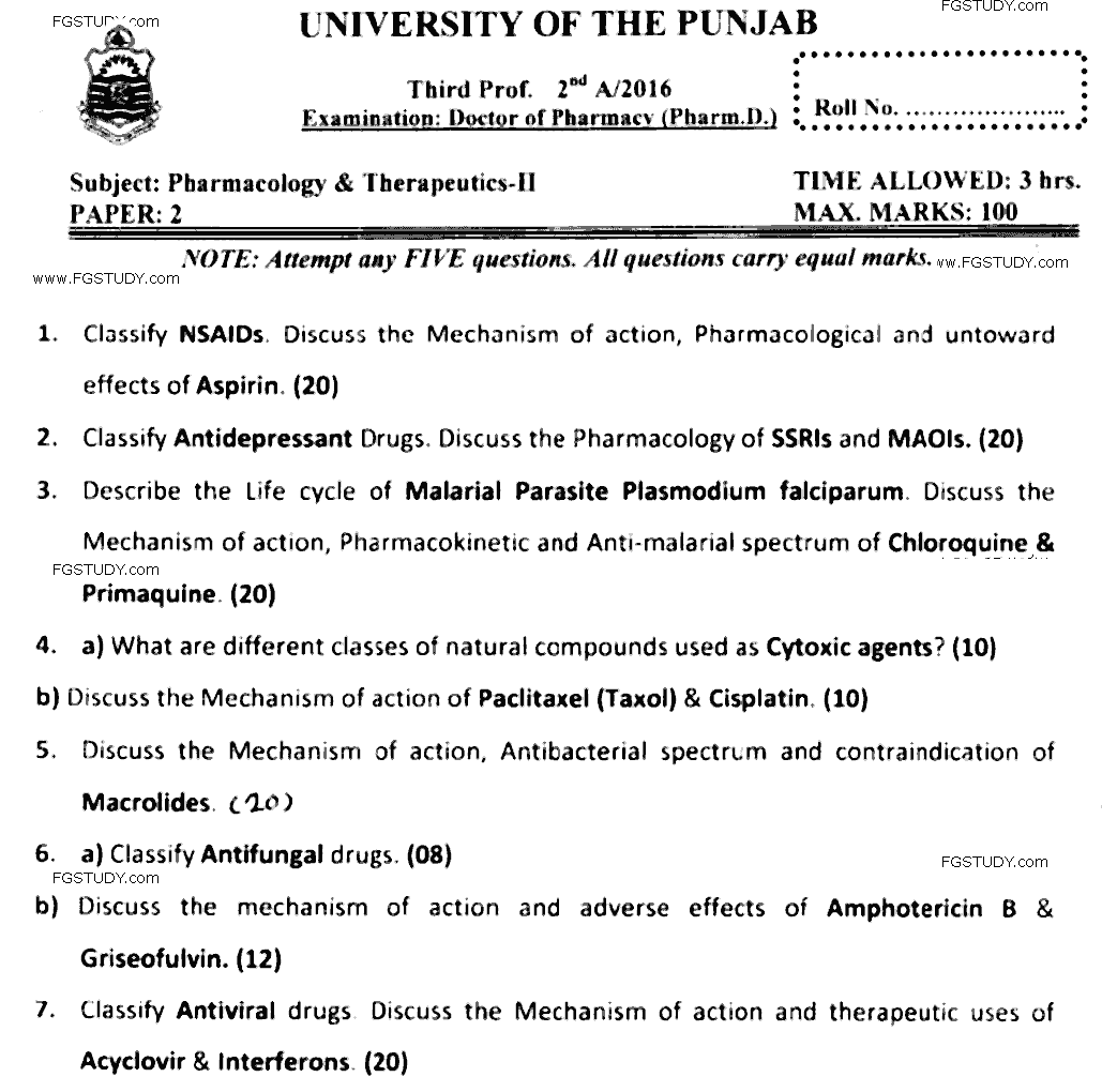 Doctor of Pharmacy Pharmacology And Therapeutics 2 Past Paper 2016 Punjab University Subjective