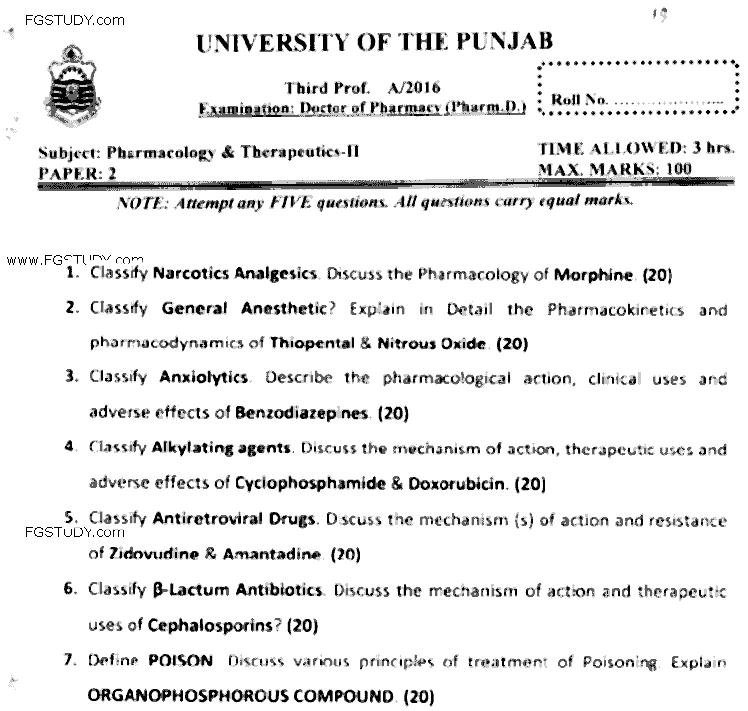 Doctor of Pharmacy Pharmacology And Therapeutics 2 Past Paper 2016 Punjab University Subjective