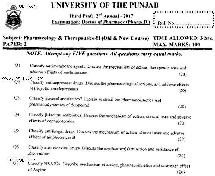Doctor of Pharmacy Pharmacology And Therapeutics 2 Past Paper 2017 Punjab University Subjective