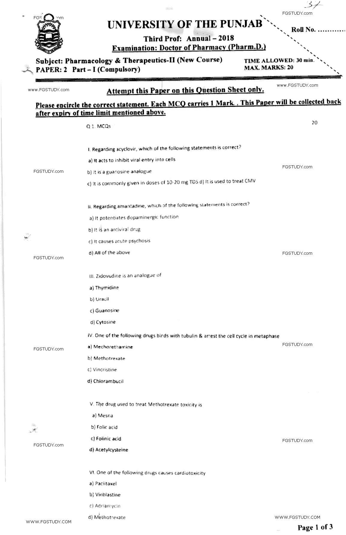 Doctor of Pharmacy Pharmacology And Therapeutics 2 Past Paper 2018 Punjab University Objective