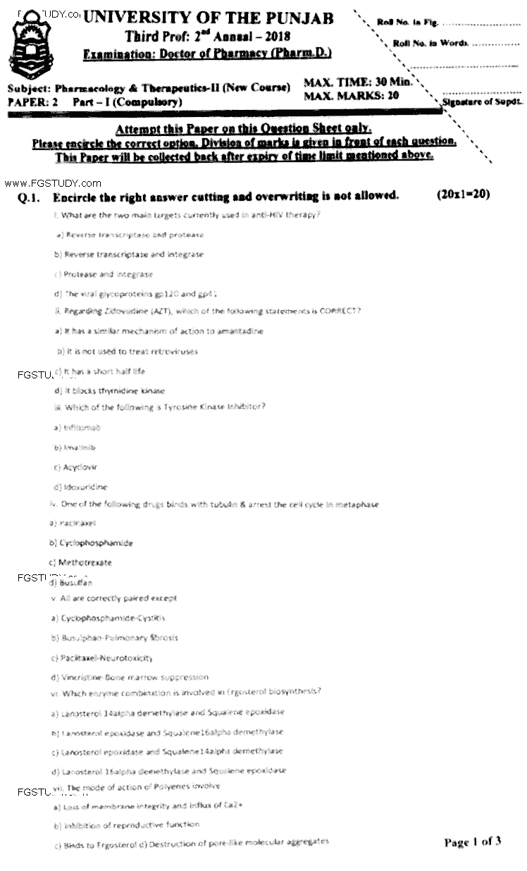 Doctor of Pharmacy Pharmacology And Therapeutics 2 Past Paper 2018 Punjab University Objective