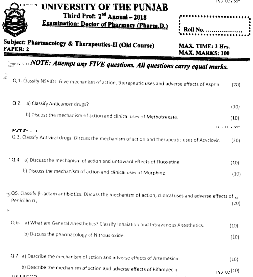 Doctor of Pharmacy Pharmacology And Therapeutics 2 Past Paper 2018 Punjab University Subjective