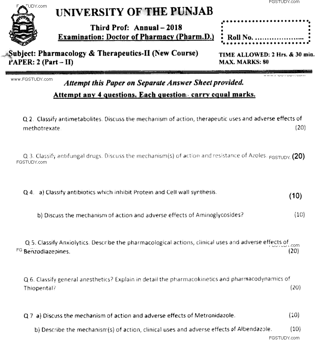 Doctor of Pharmacy Pharmacology And Therapeutics 2 Past Paper 2018 Punjab University Subjective