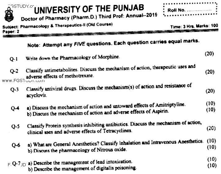 Doctor of Pharmacy Pharmacology And Therapeutics 2 Past Paper 2019 Punjab University Subjective