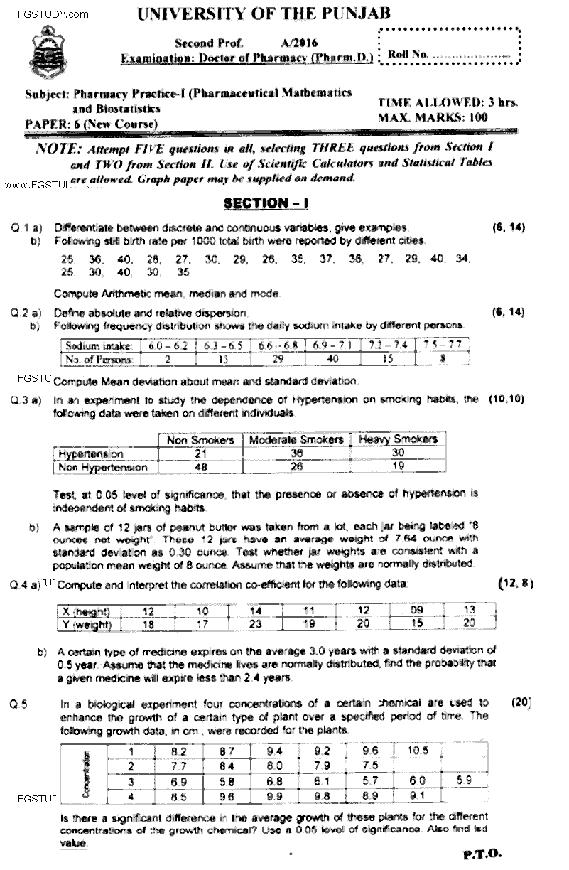Doctor of Pharmacy Pharmacy Practice 1 Pharmaceutical Mathematics And Biostatistics Past Paper 2016 Punjab University Subjective