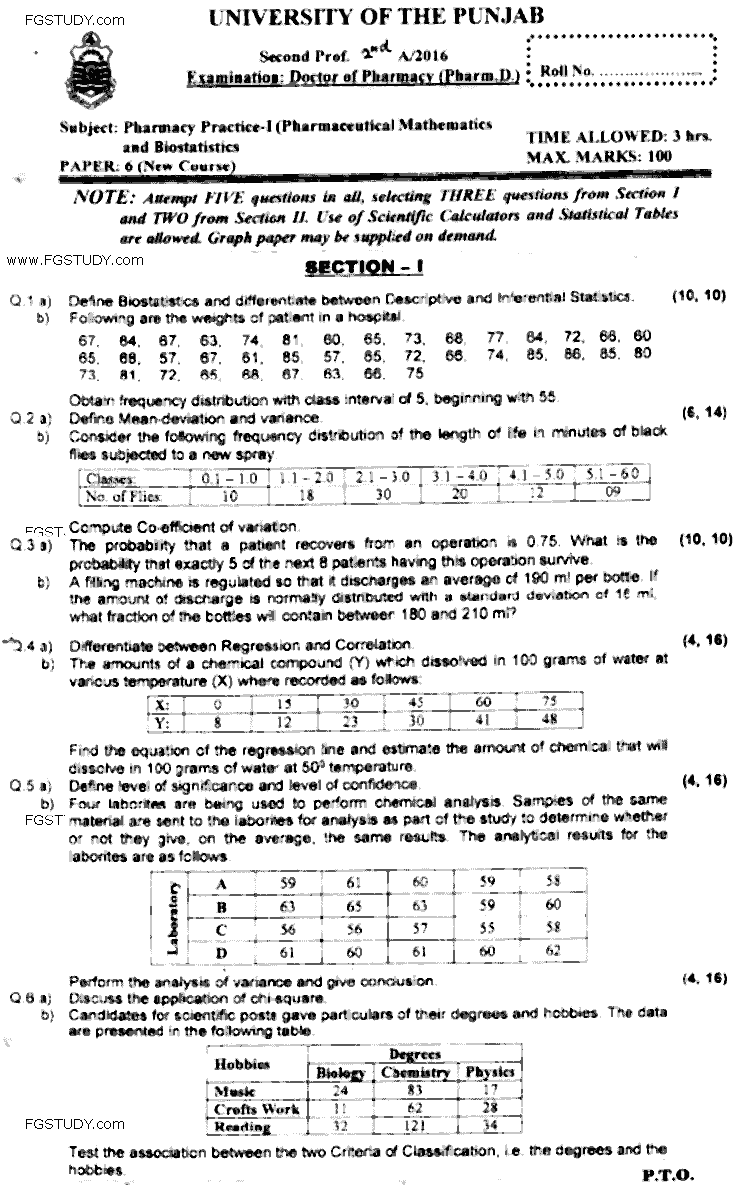 Doctor of Pharmacy Pharmacy Practice 1 Pharmaceutical Mathematics And Biostatistics Past Paper 2016 Punjab University Subjective
