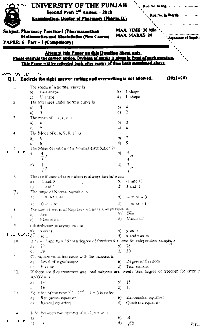Doctor of Pharmacy Pharmacy Practice 1 Pharmaceutical Mathematics And Biostatistics Past Paper 2018 Punjab University Objective
