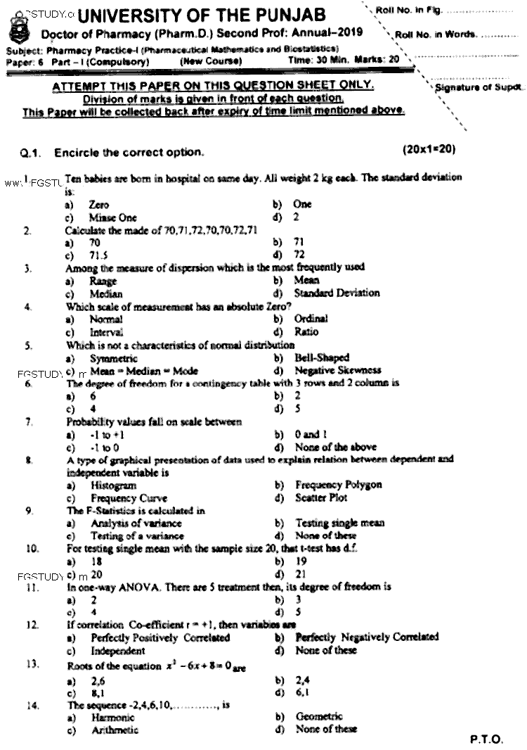 Doctor of Pharmacy Pharmacy Practice 1 Pharmaceutical Mathematics And Biostatistics Past Paper 2019 Punjab University Objective