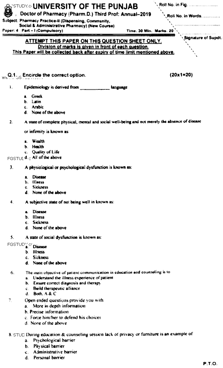 Doctor of Pharmacy Pharmacy Practice 2 Dispensing Community Social And Administrative Pharmacy Past Paper 2019 Punjab University Objective