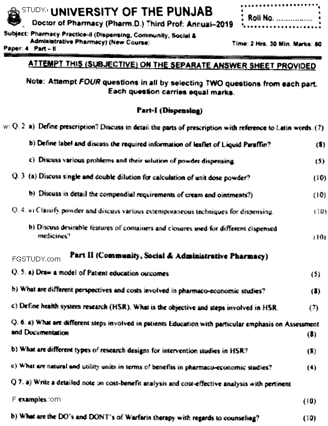 Doctor of Pharmacy Pharmacy Practice 2 Dispensing Community Social And Administrative Pharmacy Past Paper 2019 Punjab University Subjective