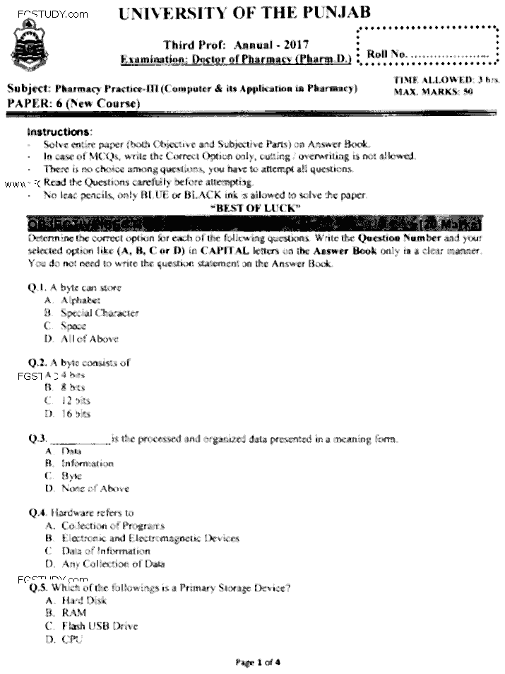 Doctor of Pharmacy Pharmacy Practice 3 Computer And Its Application In Pharmacy Past Paper 2017 Punjab University Objective