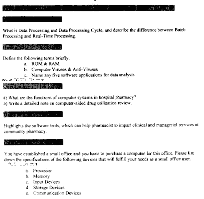 Doctor of Pharmacy Pharmacy Practice 3 Computer And Its Application In Pharmacy Past Paper 2017 Punjab University Objective