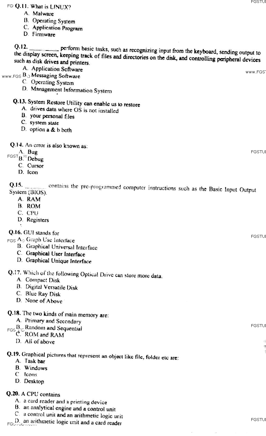 Doctor of Pharmacy Pharmacy Practice 3 Computer And Its Application In Pharmacy Past Paper 2018 Punjab University Objective