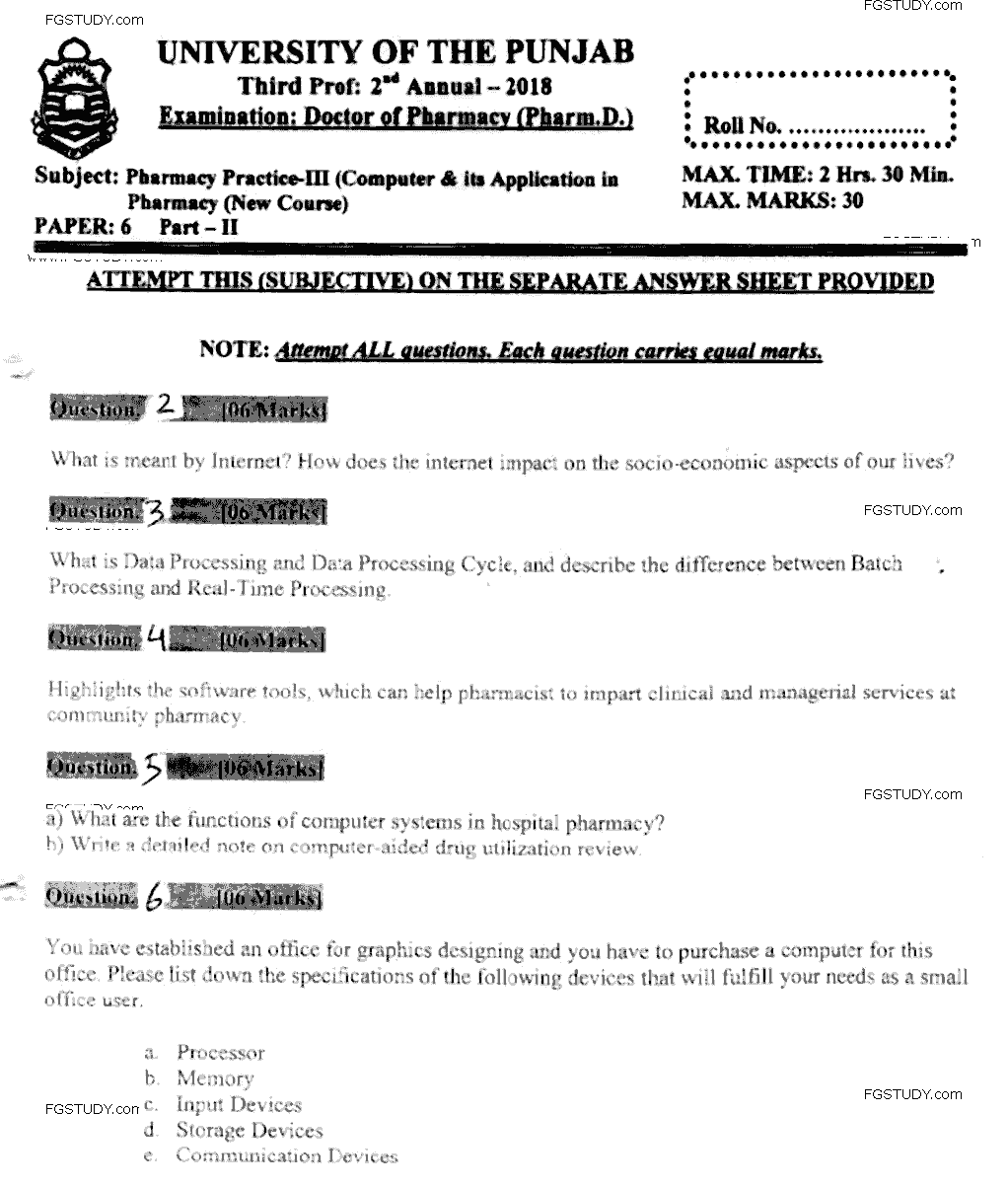 Doctor of Pharmacy Pharmacy Practice 3 Computer And Its Application In Pharmacy Past Paper 2018 Punjab University Subjective